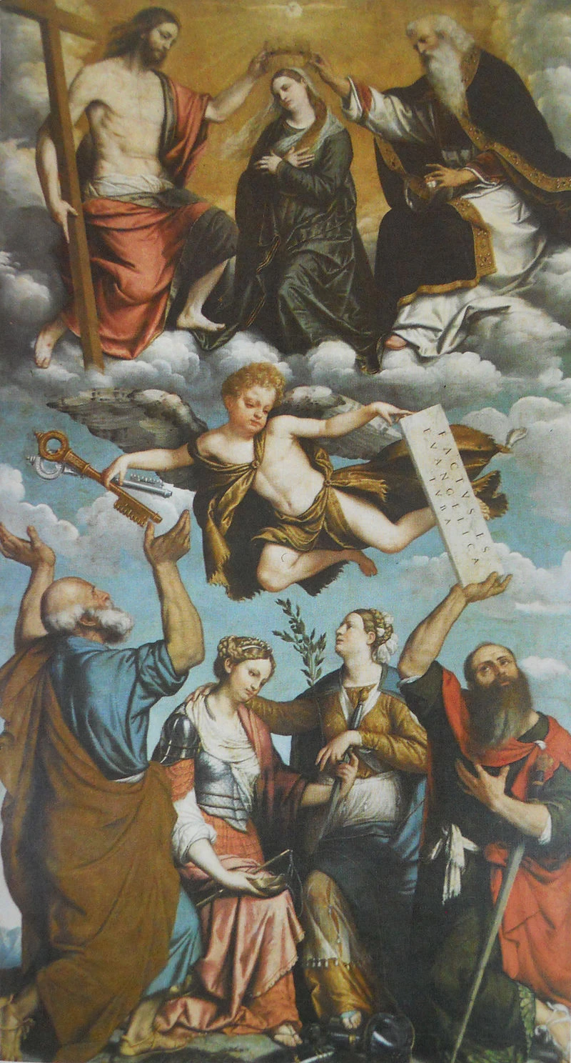 189-Alessandro Bonvicino-Moretto-La Trinità incorona la vergine con i santi Pietro, Paolo e le allegorie della Giustizia e della Pace-Brescia